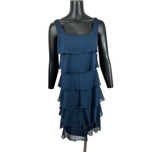 Patra Chiffon Tiered Sleeveless Beaded Cocktail Evening Dress Blue Women's 8 NWT